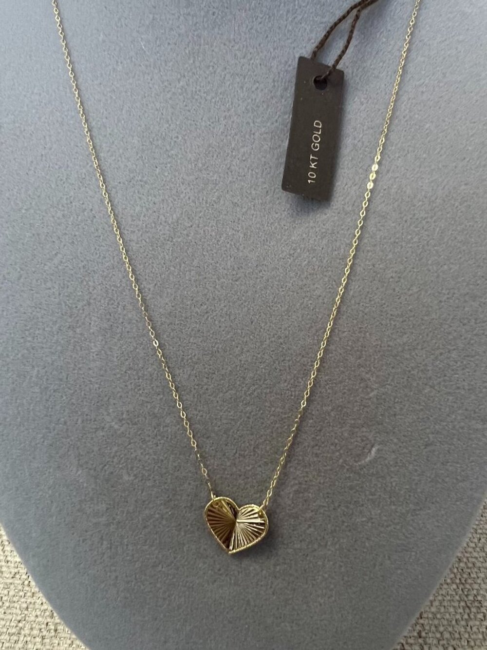 10K Gold Ridged Textured Heart Pendant Necklace 16" +2" Link Chain 1.17G New
